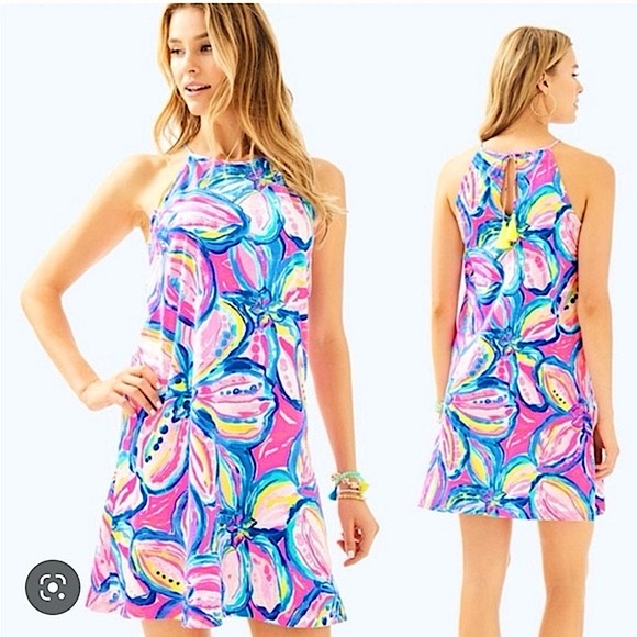 Lilly Pulitzer Margot Dress M Halter Sundress Mini Swing Dress Floral Pink Blue - Picture 1 of 11